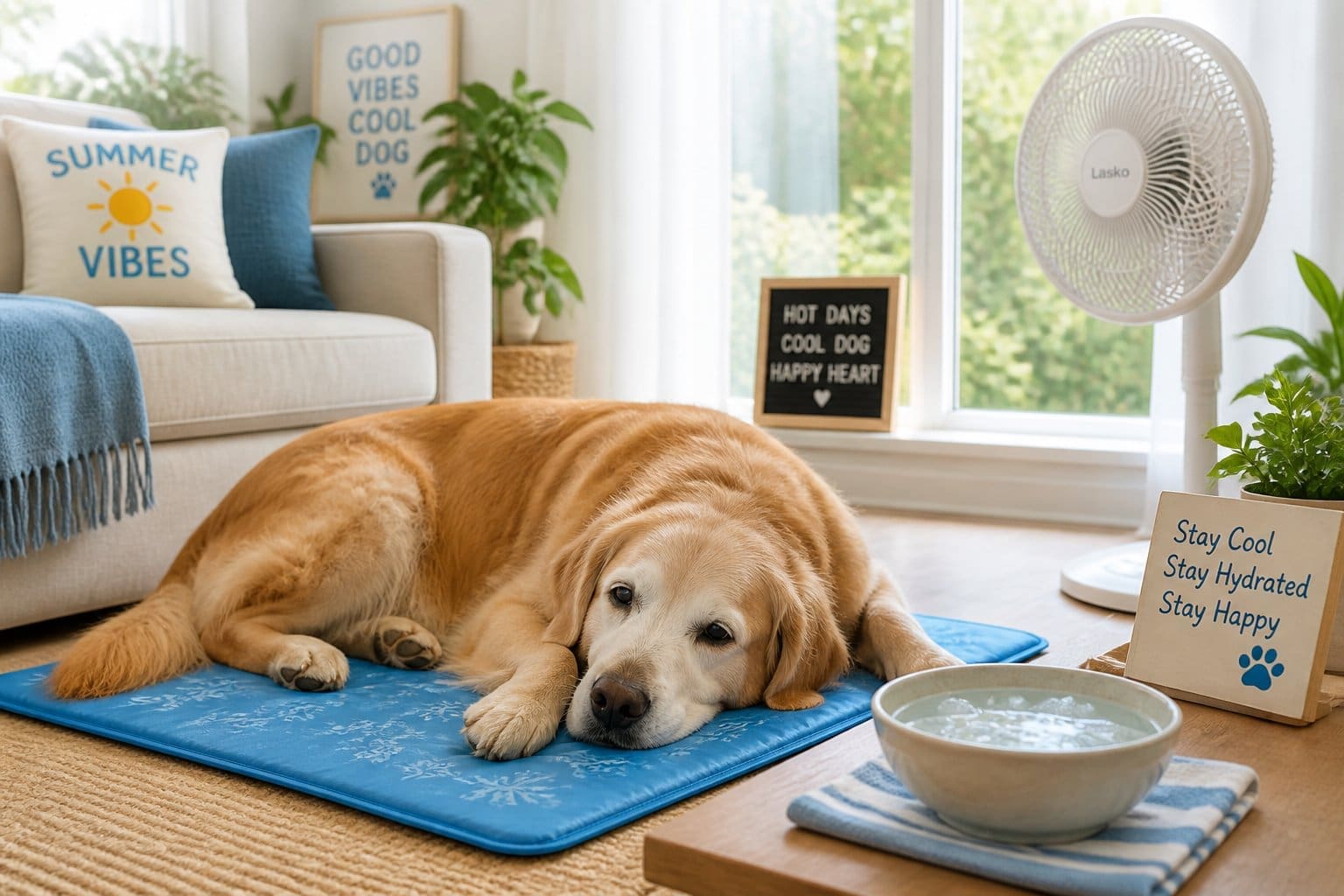 How To Keep A Senior Dog Comfortable In Extreme Summer Heat 2 An older golden retriever resting on a cooling mat near a window, with a fan and a bowl of iced water nearby in a bright living room.