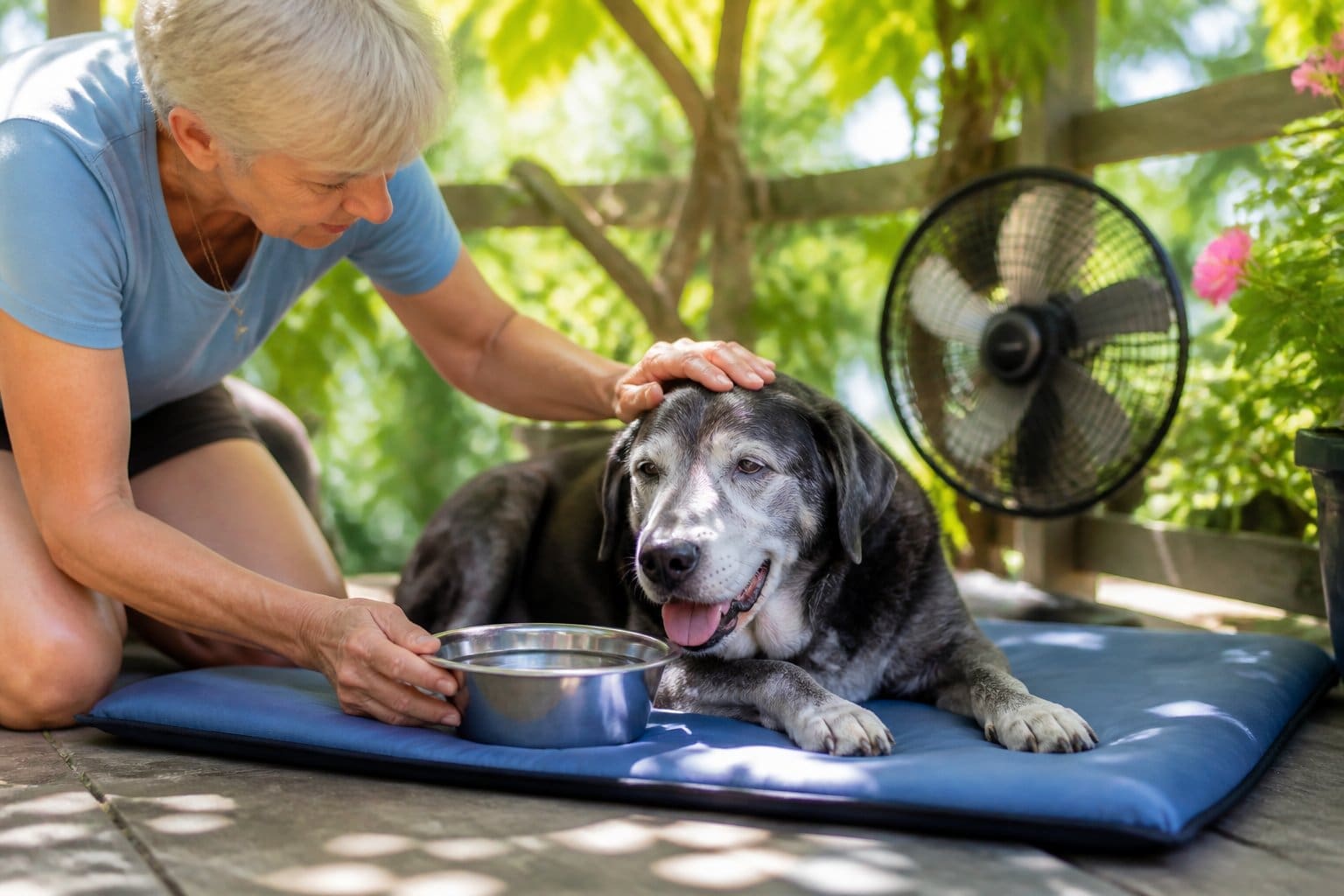 How To Keep A Senior Dog Comfortable In Extreme Summer Heat 3 A senior dog resting on a cooling mat in a shaded garden with a water bowl nearby and a person gently caring for the dog on a hot summer day.
