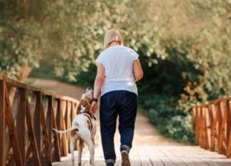An older woman walks a medium dog across a wooden bridge surrounded by trees and greenery on a sunny day.