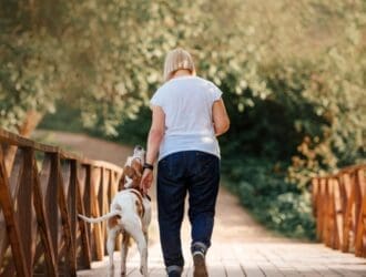 An older woman walks a medium dog across a wooden bridge surrounded by trees and greenery on a sunny day.
